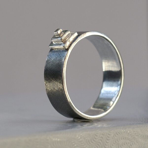 Pyramid Ring: Hand-fabricated from scratch, textured finish (rough cross satin) with shiny step pyramid.