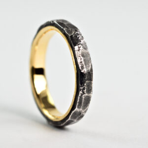 Hammered Rustic Ring with Gold Lining for Her - Sterling Silver and 18k Gold Mixed Metals Wedding Band