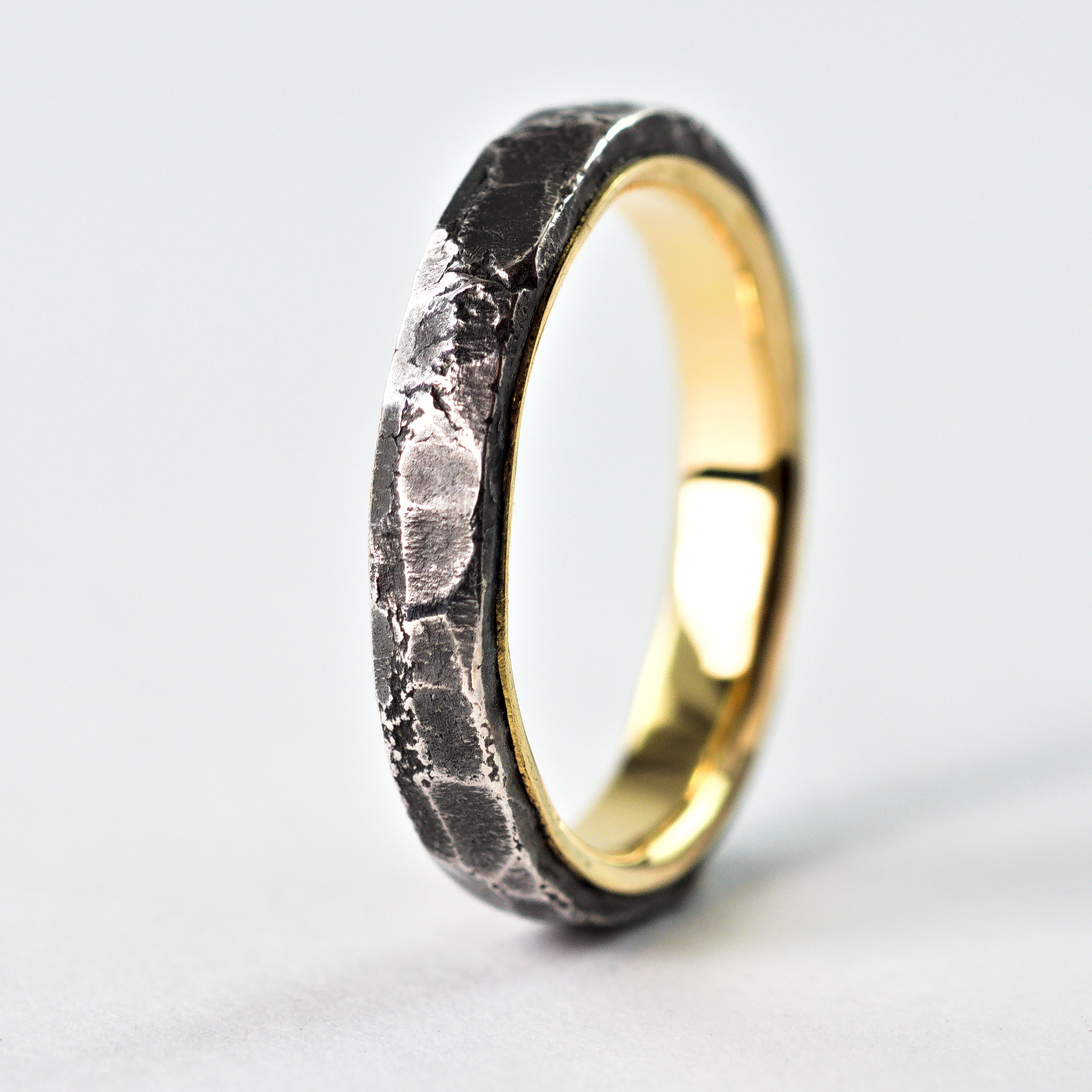 Hammered Rustic Ring with Gold Lining for Her - Sterling Silver and 18k Gold Mixed Metals Wedding Band