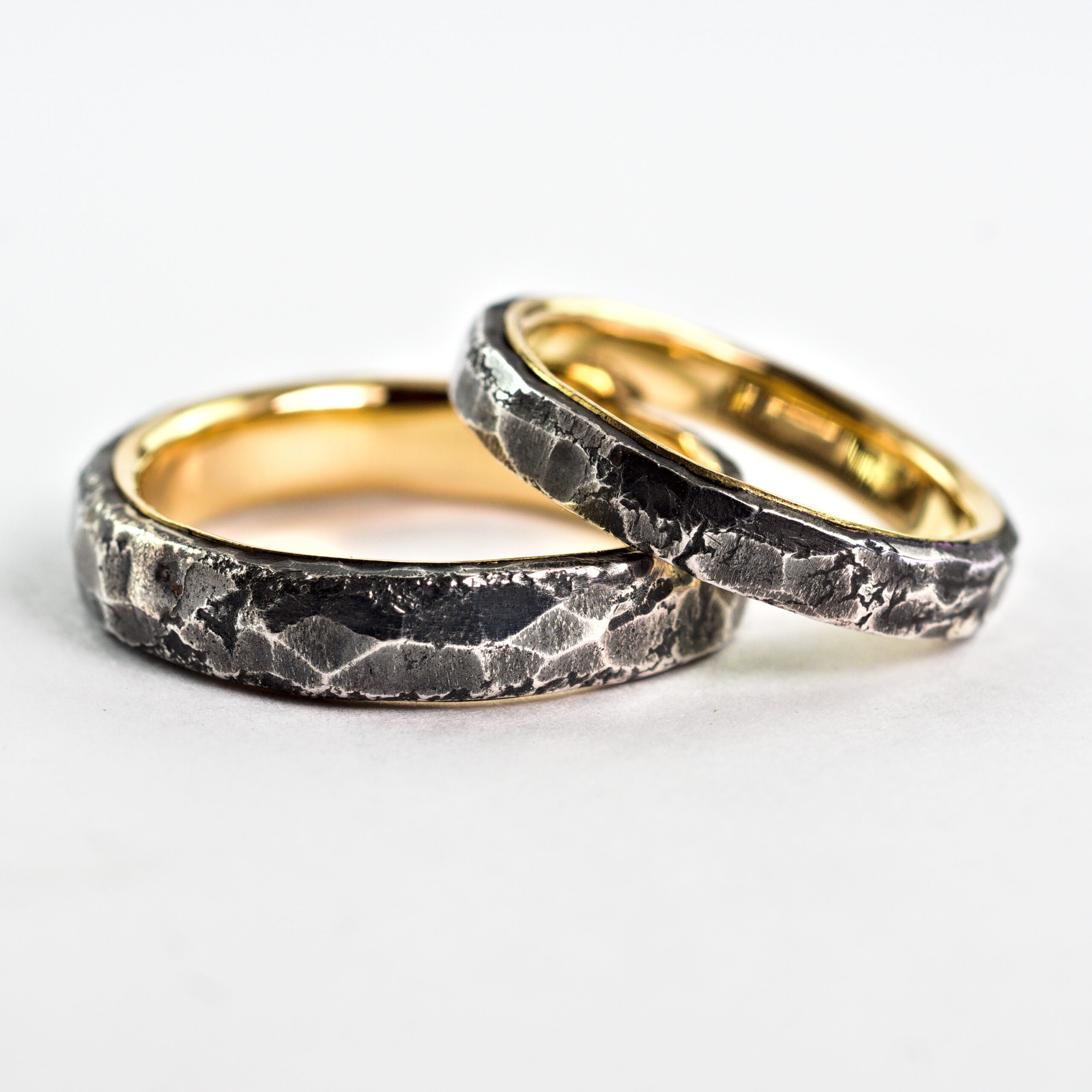 Hammered Rustic Rings with Gold Lining, His and Hers Set - Sterling Silver and 18k Gold Mixed Metals Wedding Bands