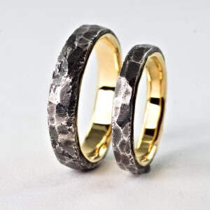 Hammered Rustic Rings with Gold Lining, His and Hers Set - Sterling Silver and 18k Gold Mixed Metals Wedding Bands