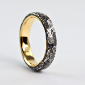 Hammered Rustic Ring with Gold Lining for Him - Sterling Silver and 18k Gold Mixed Metals Wedding Band