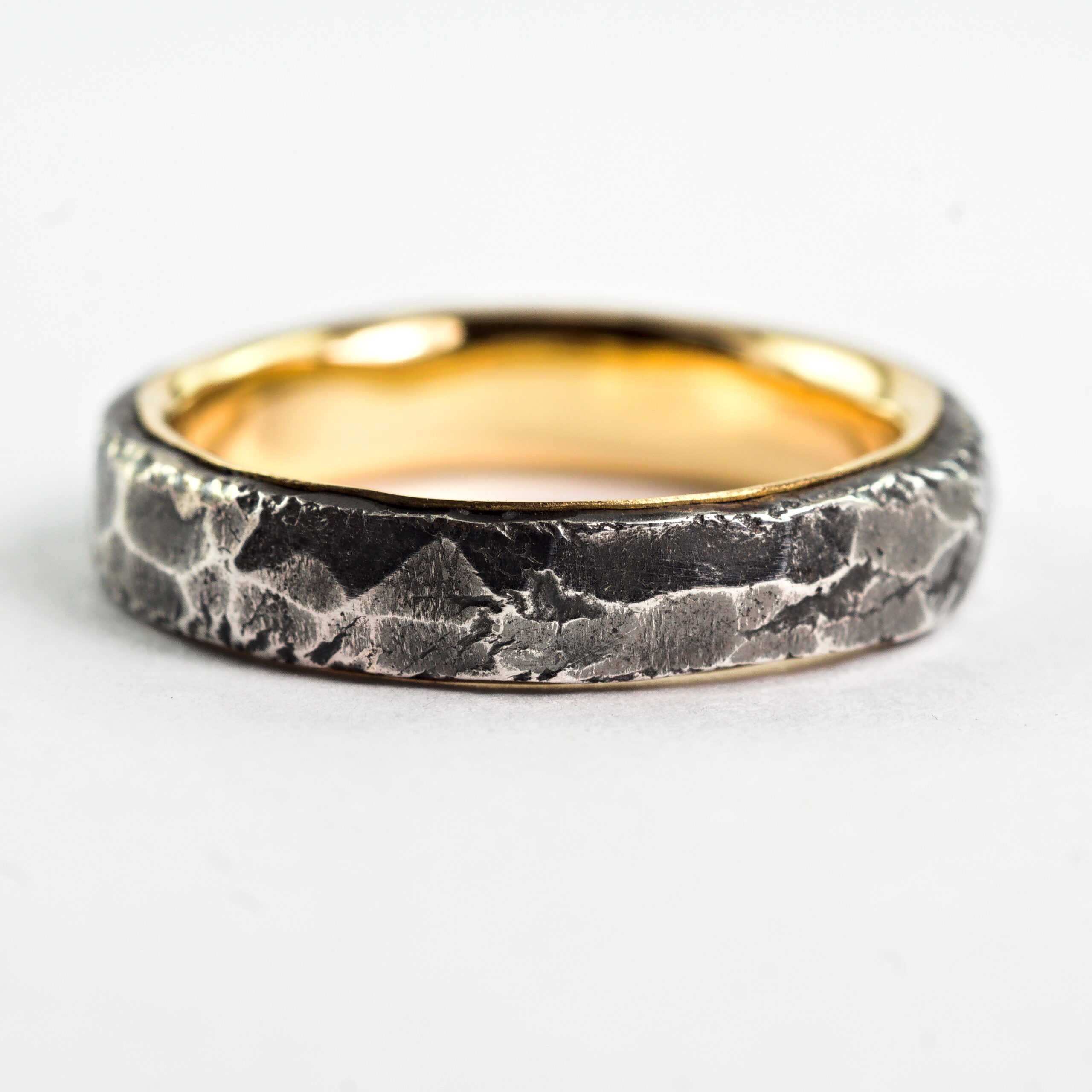 Hammered Rustic Ring with Gold Lining for Him - Sterling Silver and 18k Gold Mixed Metals Wedding Band